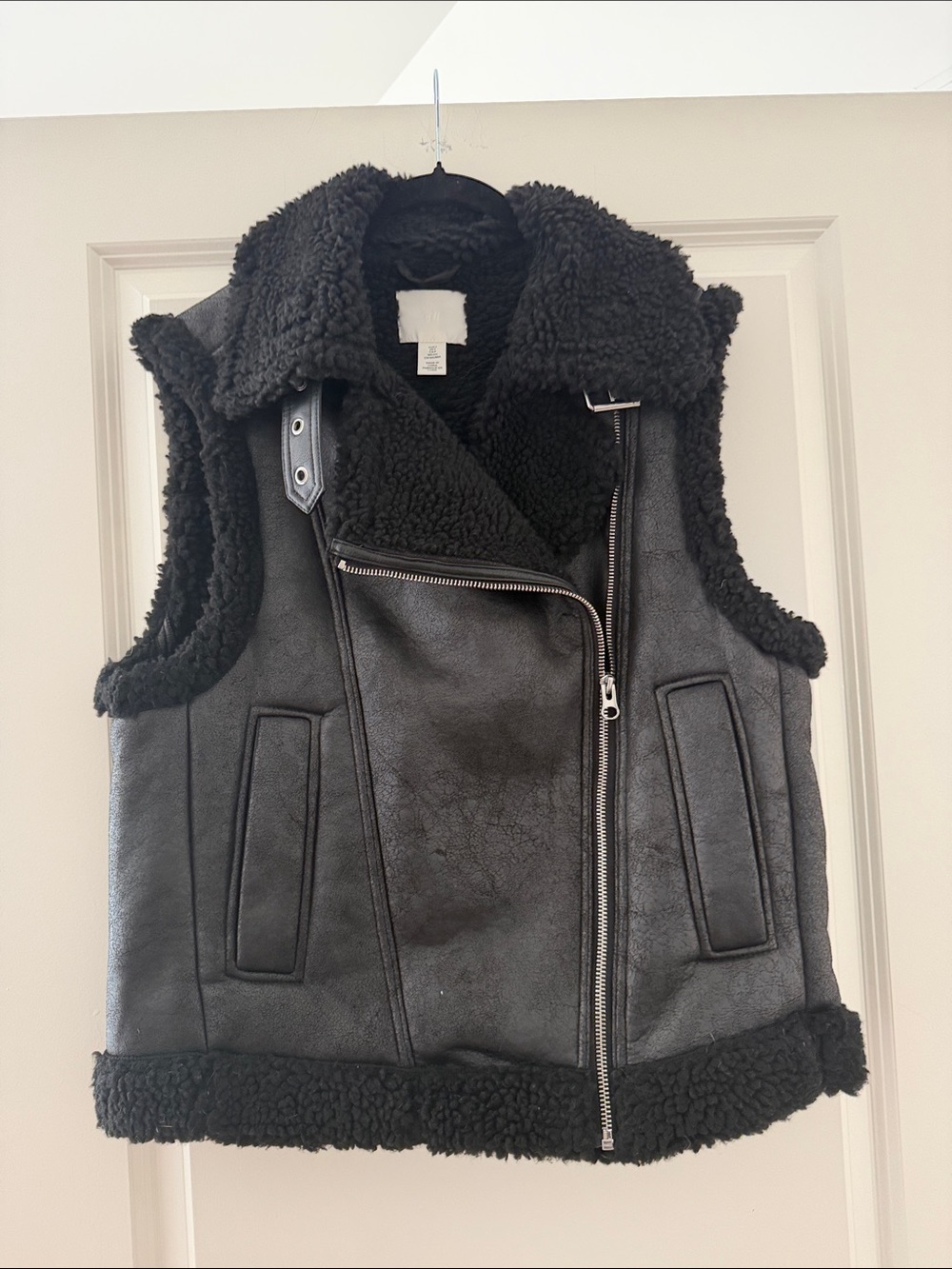 H&M Black Faux Shearling Moto-Style Vest
